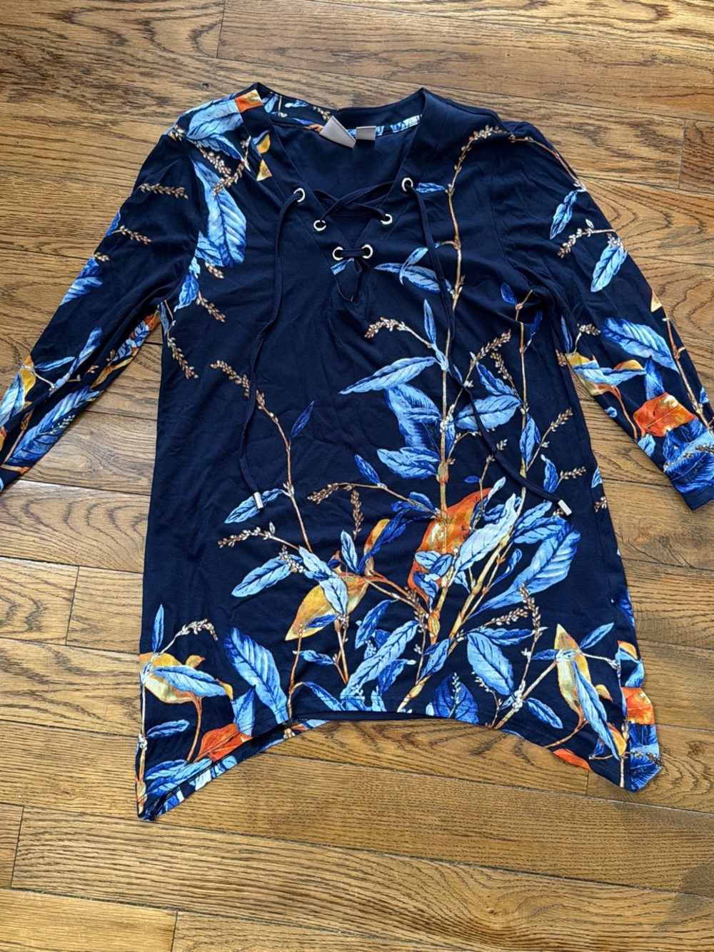 Chico's Navy Tunic with Blue and Orange Leaf Trim